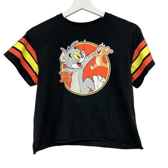 Tom and Jerry Crop Top Medium womens shirt graphic image black striped sleeves - Picture 1 of 7